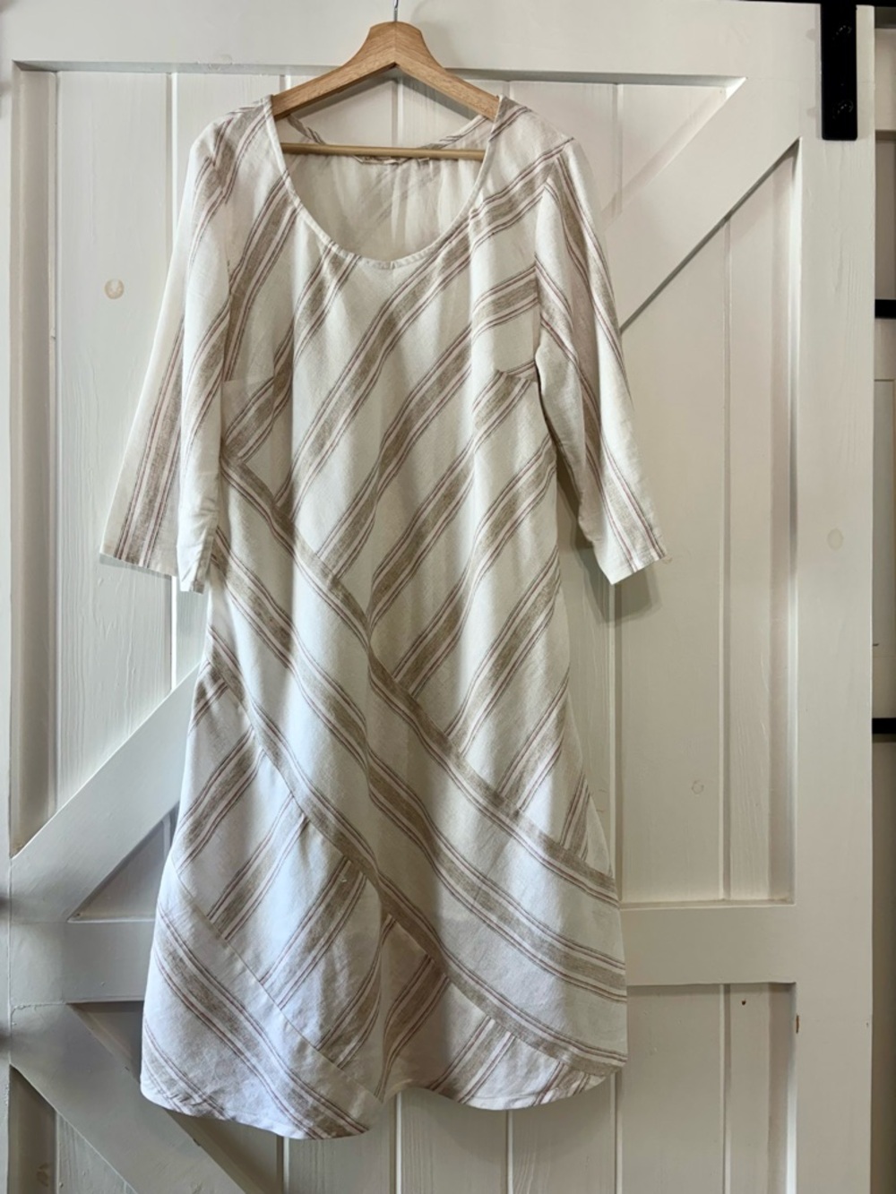 Soft Surroundings Cream Tan Red Striped Linen Blend Scoop Neck Tunic Dress L - Picture 2 of 9